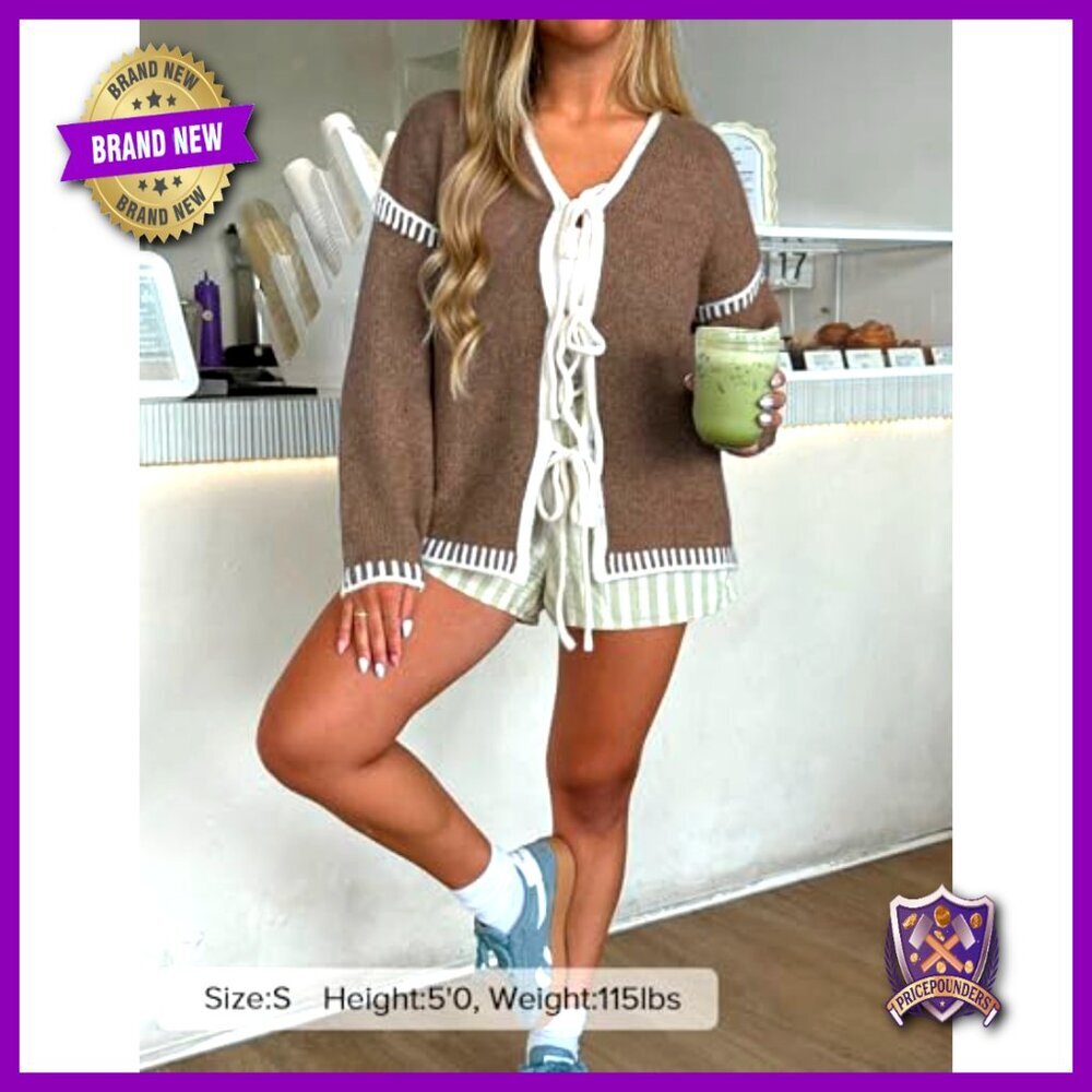Oversized Cardigan with Bow Tie Front, Long Sleeve, Soft Knit Fabric - Picture 6 of 7